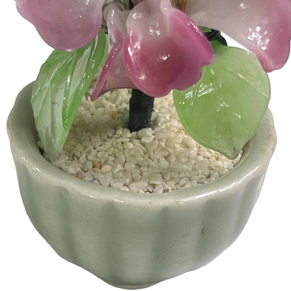 Asian Glass Bonsai Shell Flower Tree Jade Green Planter Pot Pink Green - Picture 7 of 10